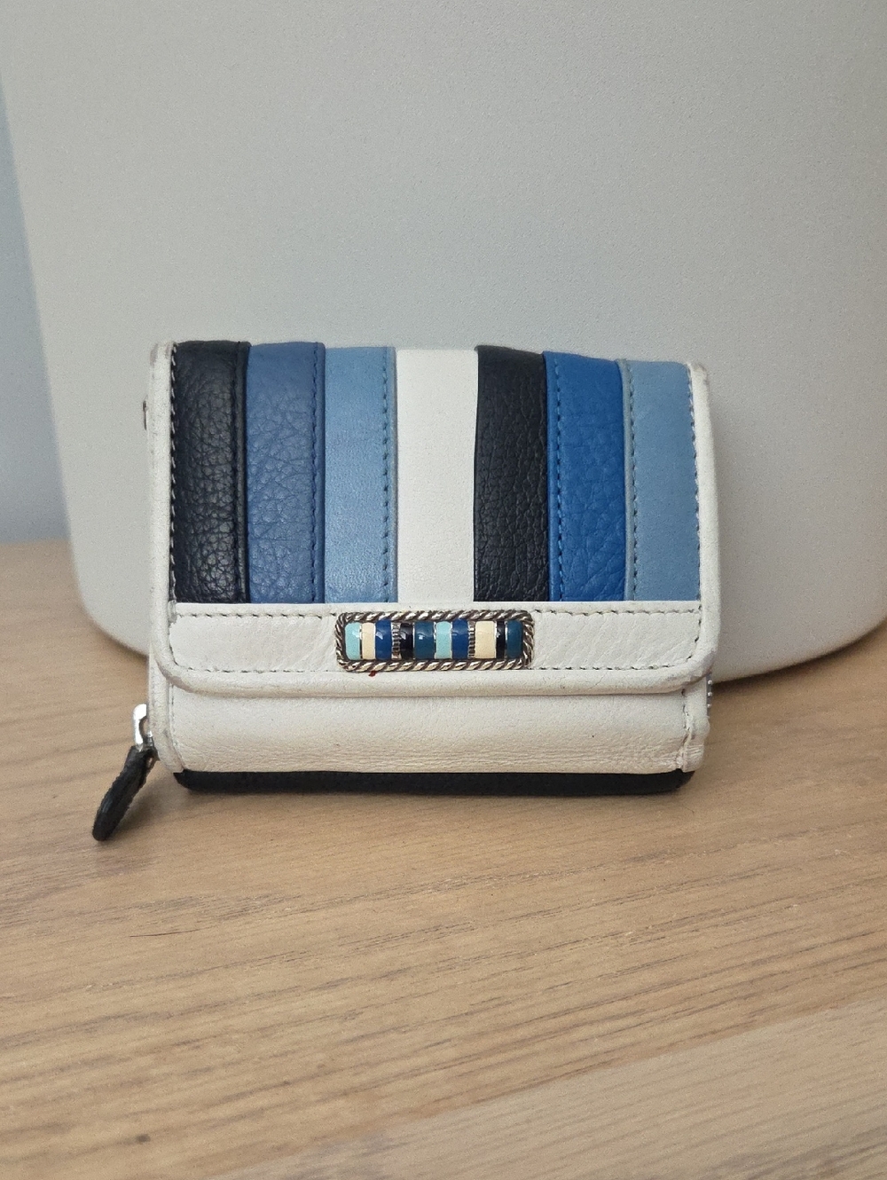 Rare VintageBrighton Barbados Double Flap Trifold Blue & White Leather Wallet